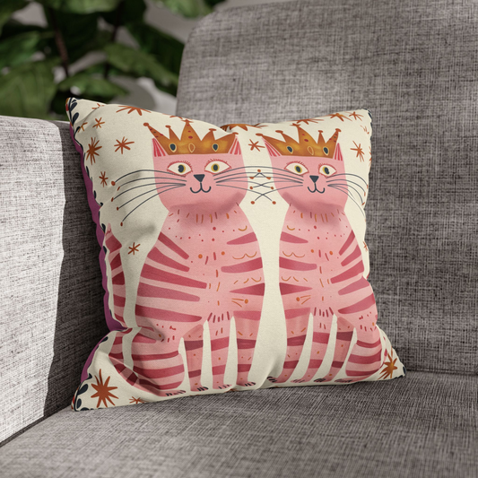 Pink Cat Pillow Cover with Crown Illustration