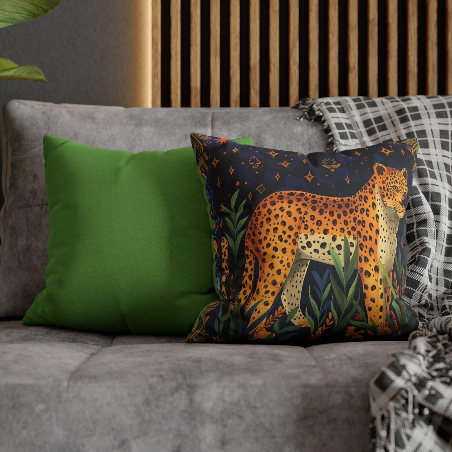Leopard Pillow Cover with Midnight Jungle Print