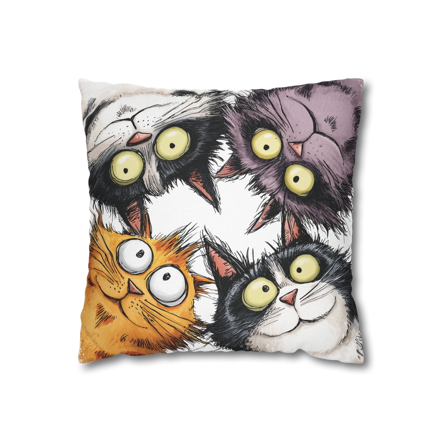 Cat Pillow Cover with Whimsical Wide-Eyed Cats