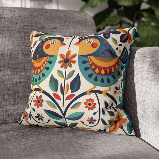 Folk Bird Pillow Cover — Colorful Symmetrical Folk Art on Cream