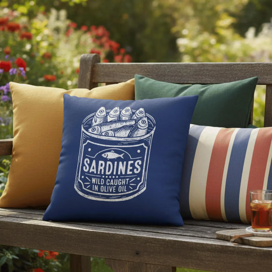 Blue Pillow Cover with Vintage Sardines Illustration