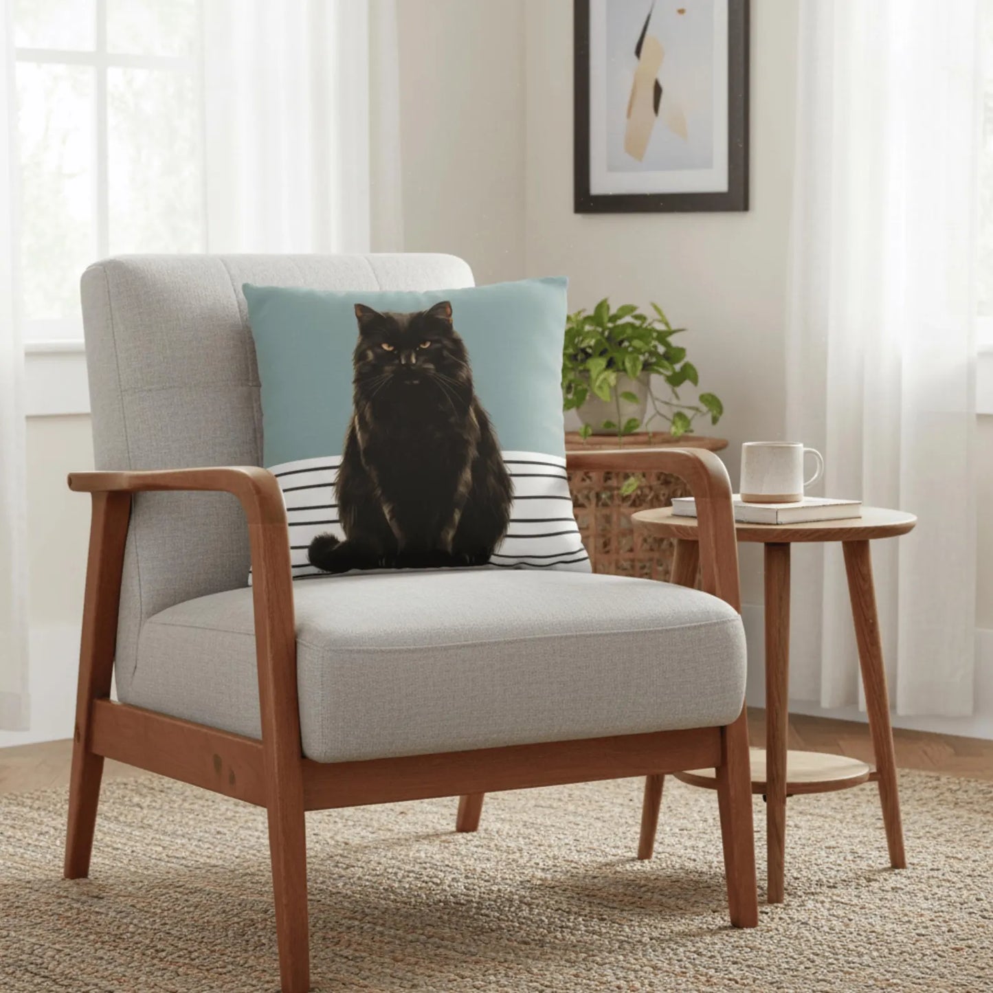 Modern Cat Pillow Cover with Black Cat Illustration
