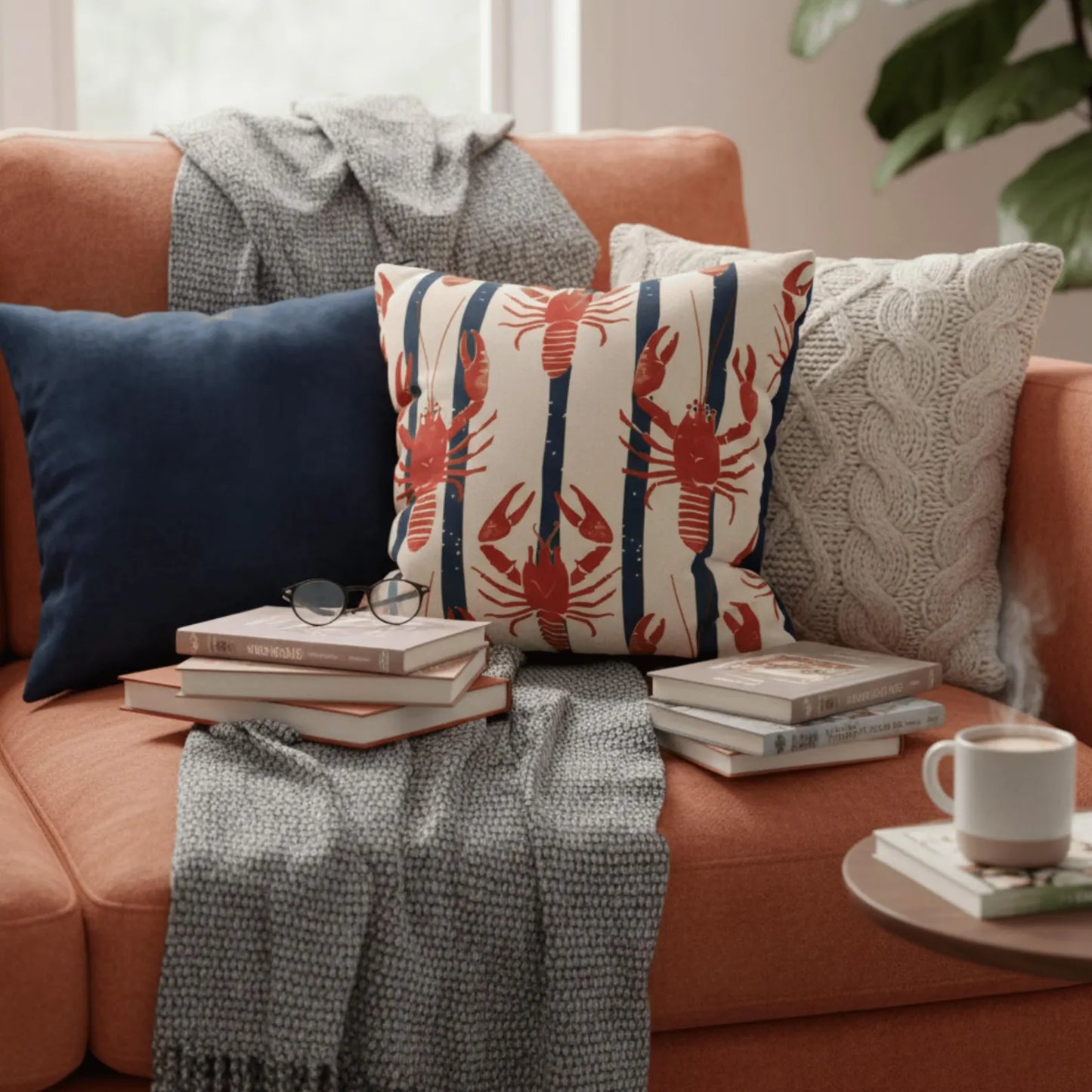 Nautical Pillow Cover with Lobster Stripe Pattern