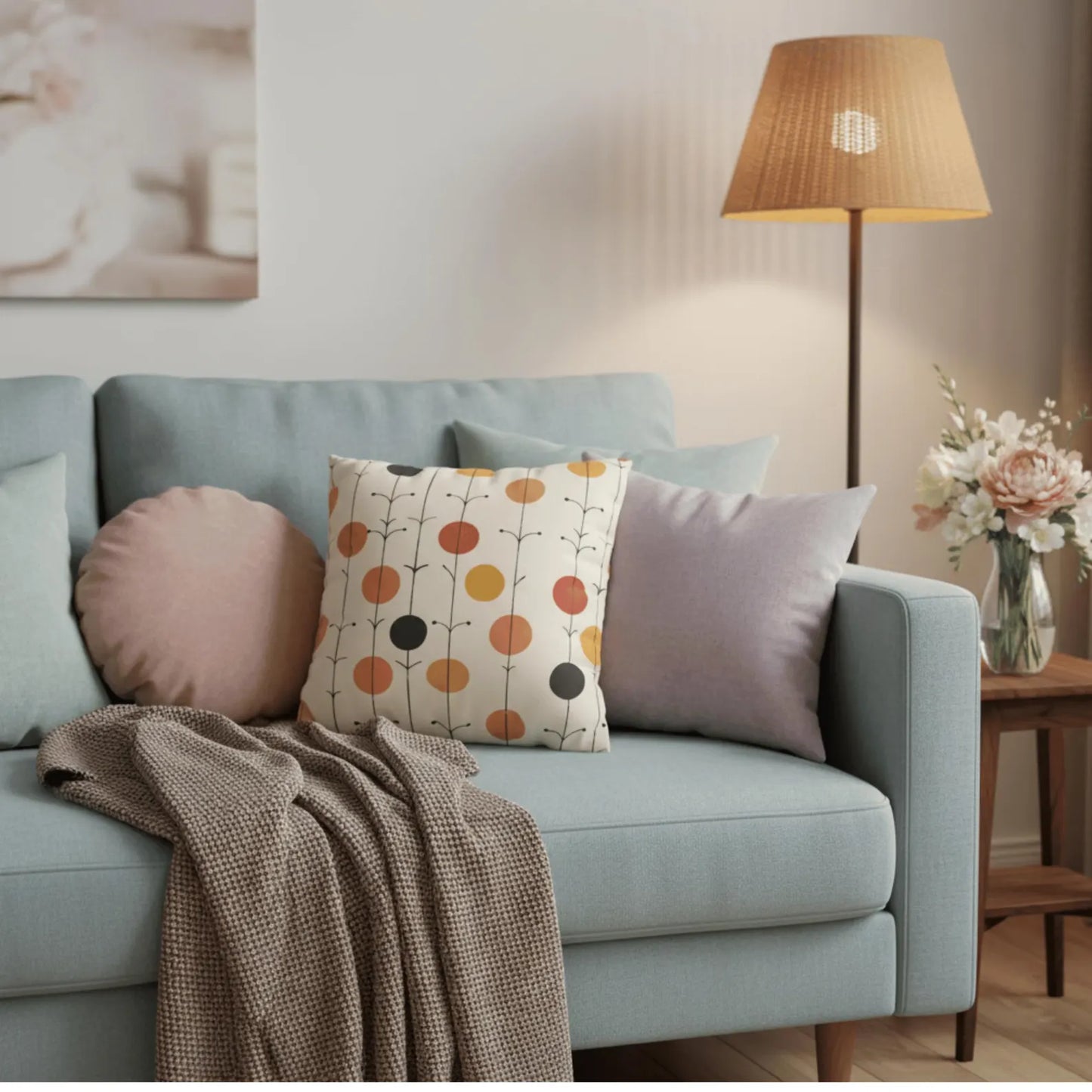 Scandinavian Pillow Cover with Floral Dot Pattern