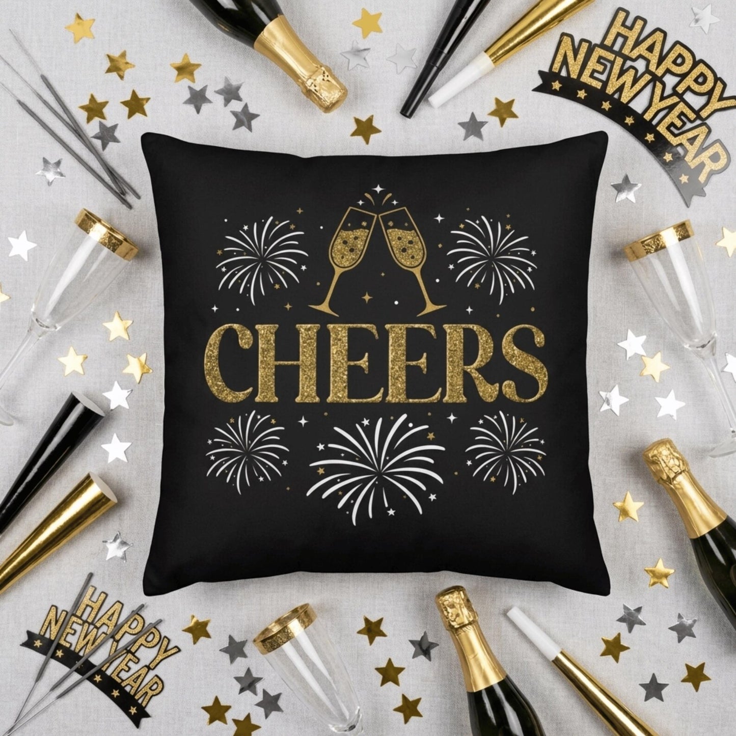 Gold Holiday Pillow Cover with Cheers Print