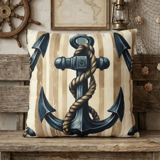 Nautical Pillow Cover with Anchor and Coastal Stripes