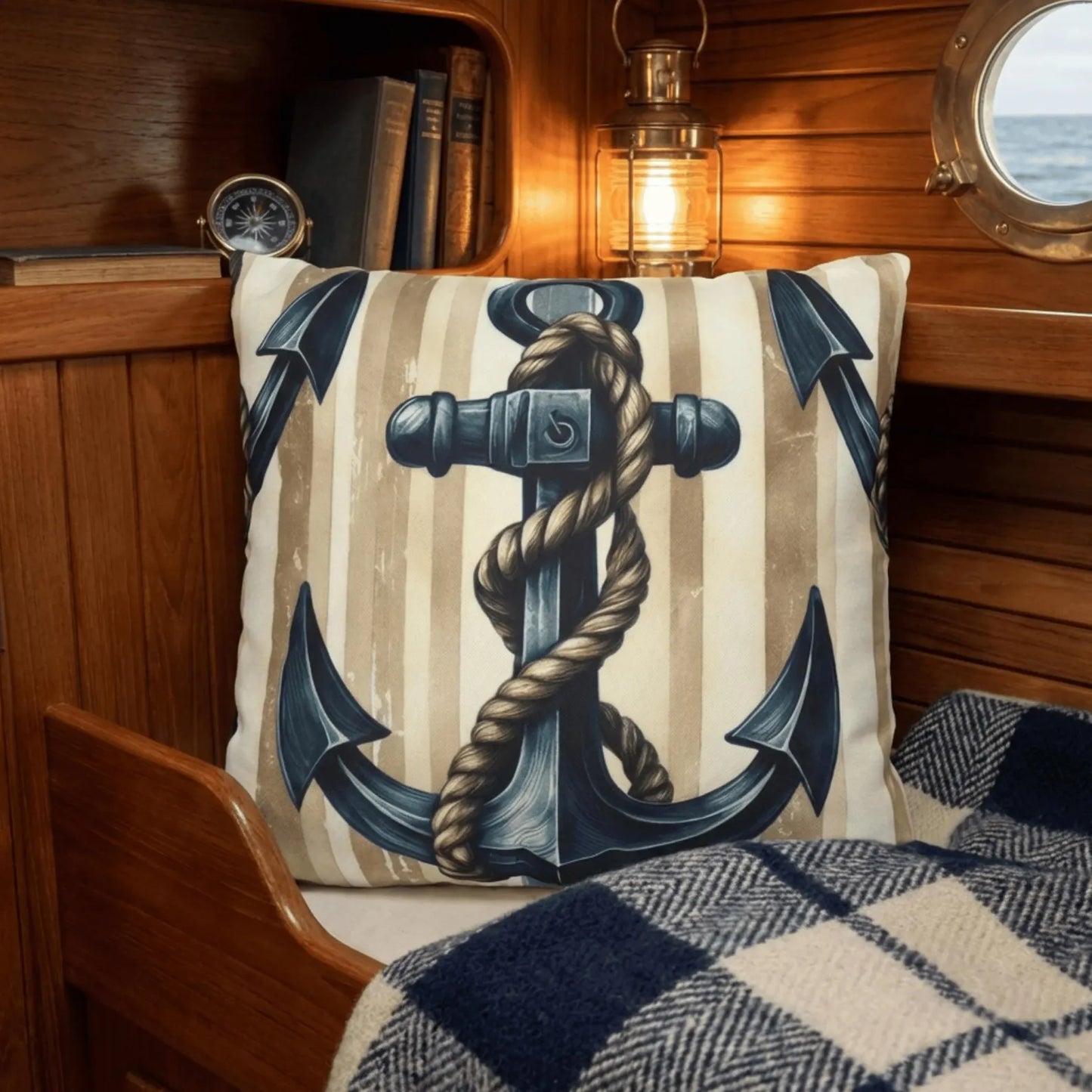 Nautical Pillow Cover with Anchor and Coastal Stripes