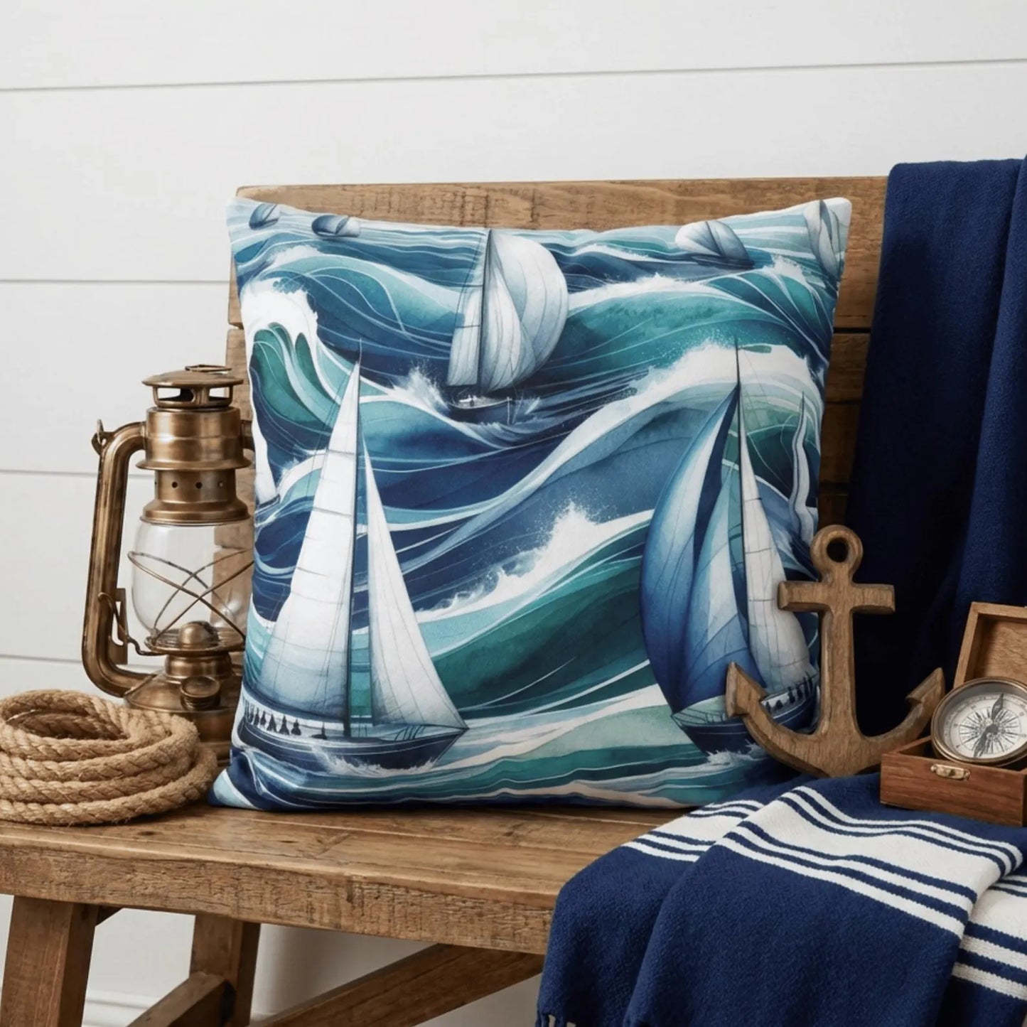 Blue Sailboat Pillow Cover for Coastal Living Rooms