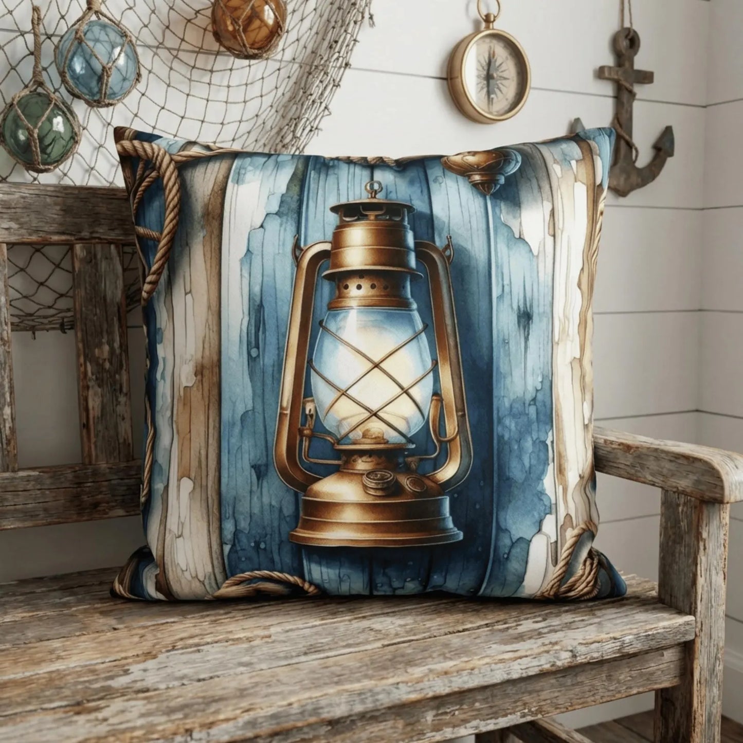 Nautical Boat Pillow Cover with Vintage Lantern