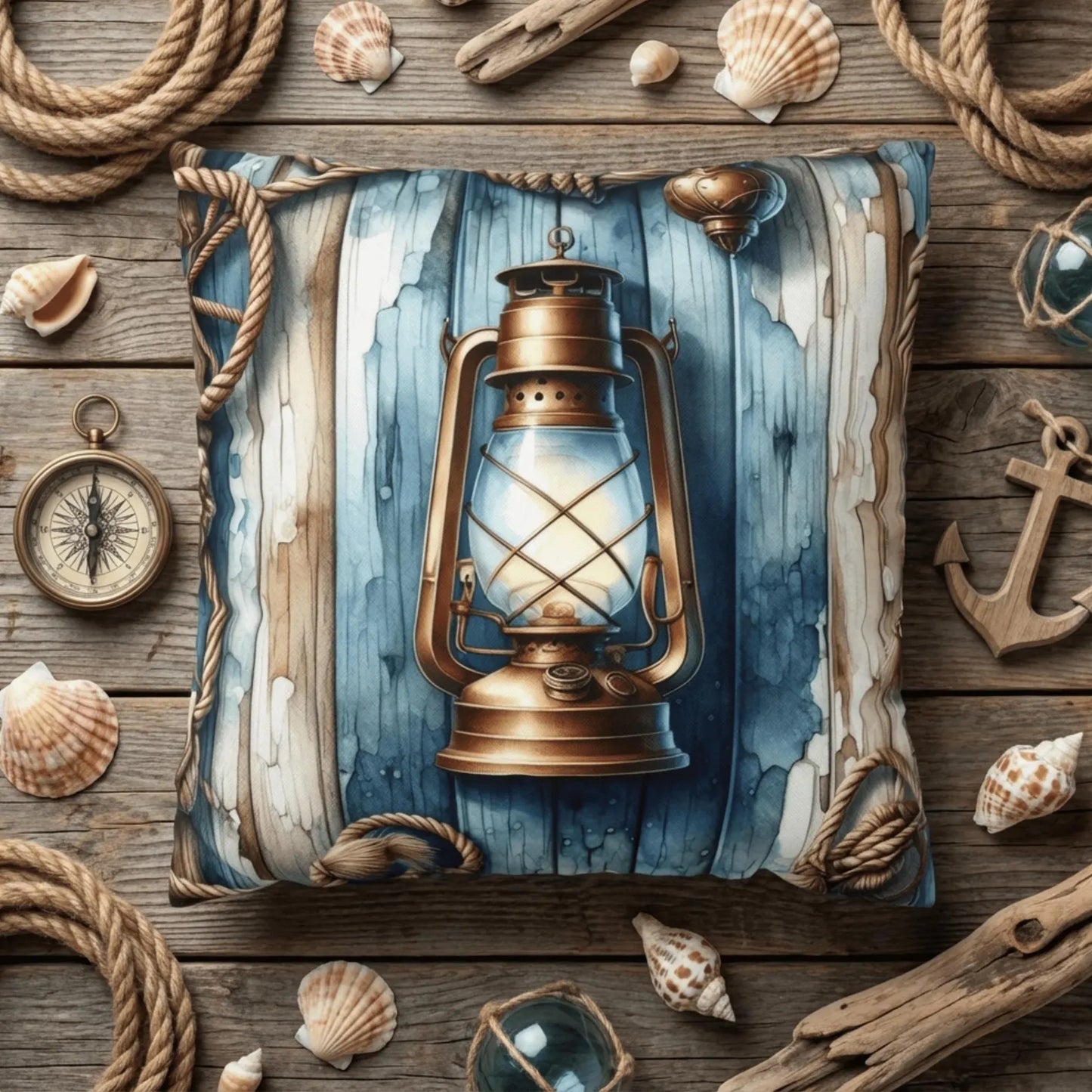Nautical Boat Pillow Cover with Vintage Lantern