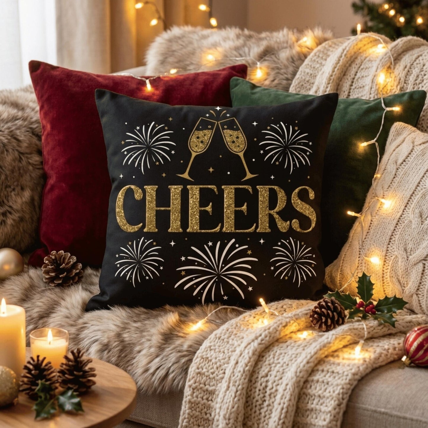 Gold Holiday Pillow Cover with Cheers Print