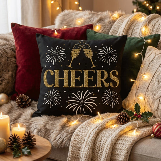Gold Holiday Pillow Cover with Cheers Print