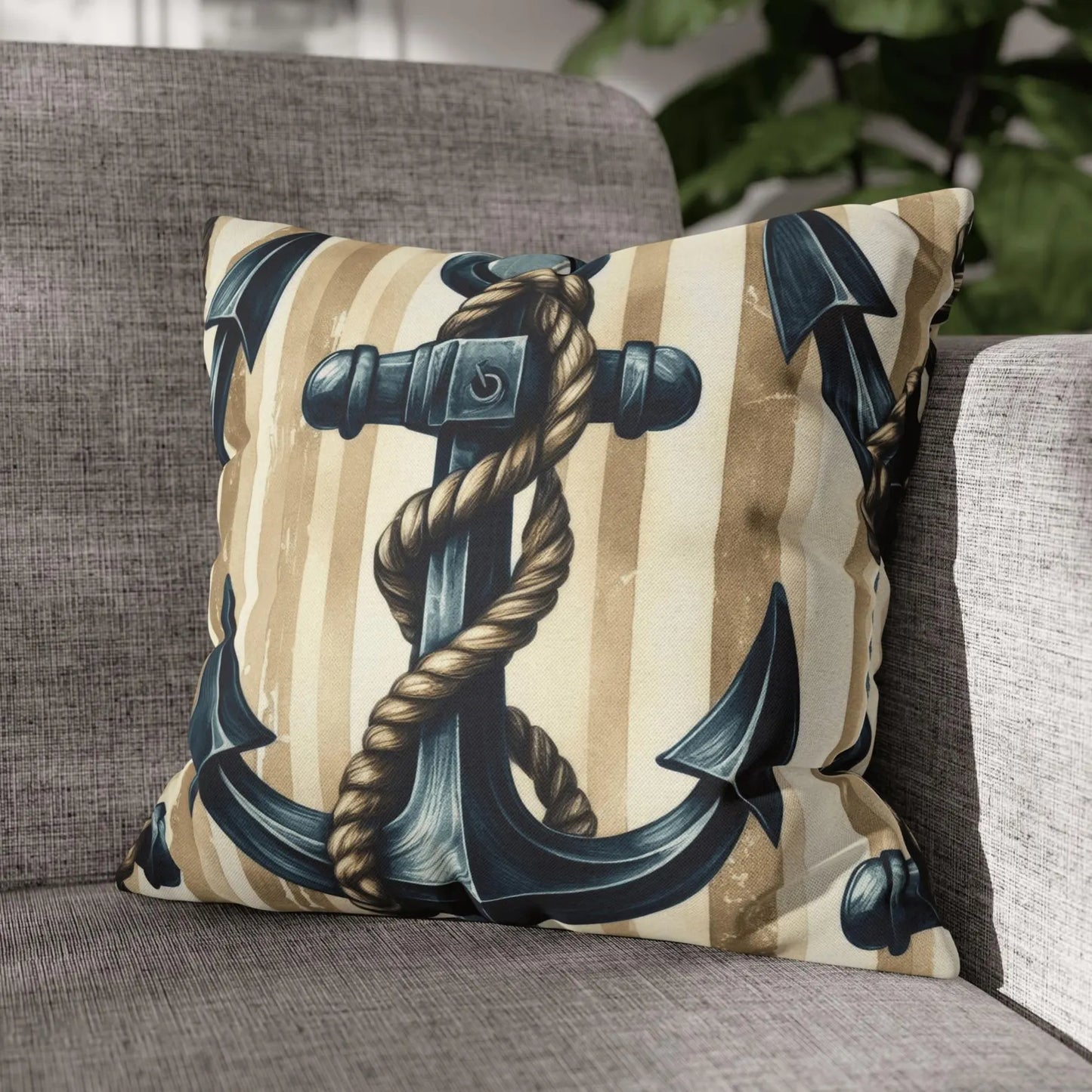 Nautical Pillow Cover with Anchor and Coastal Stripes
