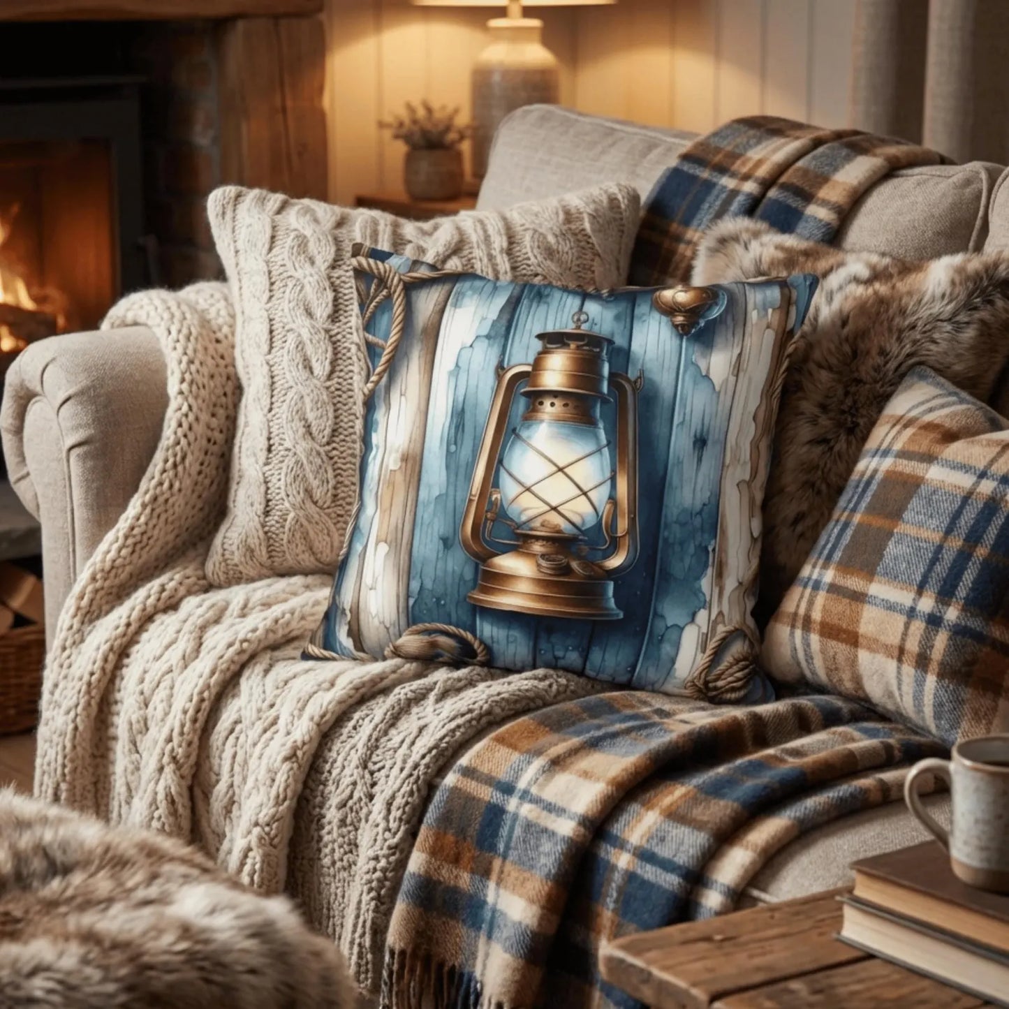 Nautical Boat Pillow Cover with Vintage Lantern