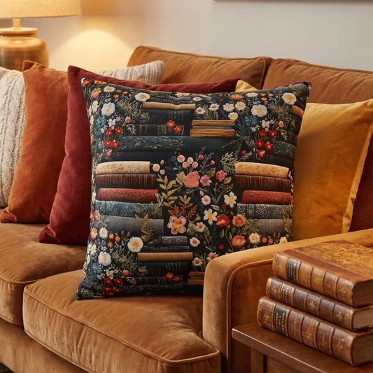 Book Pillow Cover with Floral Library Print