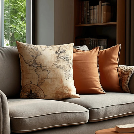 Vintage World Map Pillow Cover with Antique Compass Print