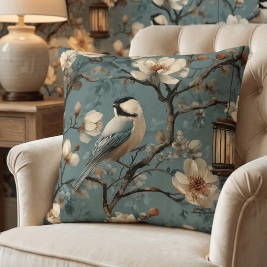 Blue Chinoiserie Bird Floral Pillow Cover