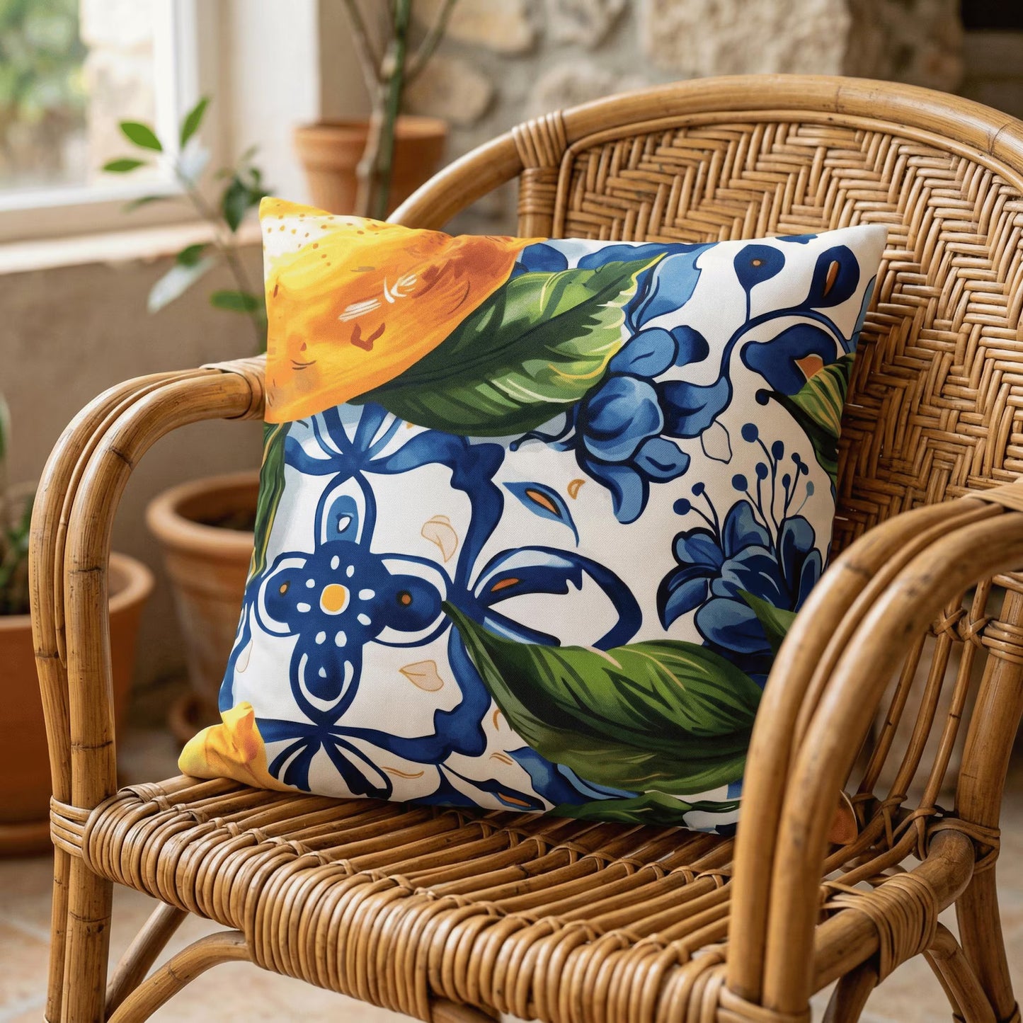 Summer Pillow Cover with Blue Floral Citrus Print
