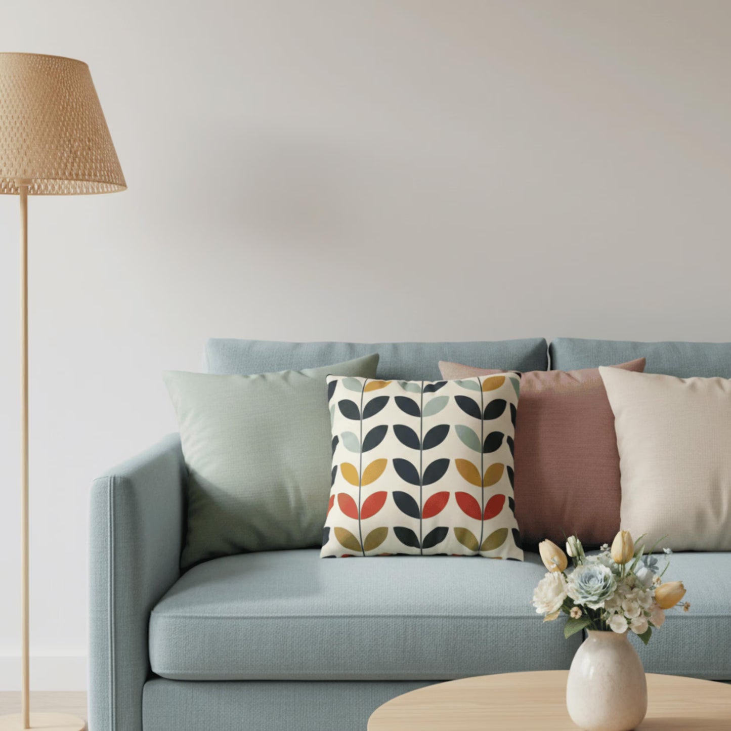 Scandinavian Pillow Cover with Colorful Leaf Pattern